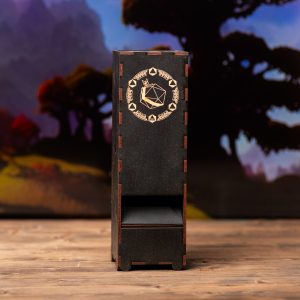 A dice tower with a clock on it.