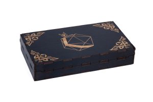 A black box with a geometric design on it.