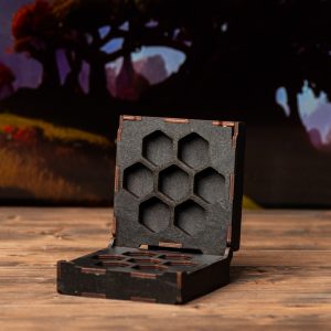 A wooden box with a set of hexagons in it.