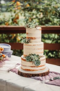 A wedding cake with succulents on top.